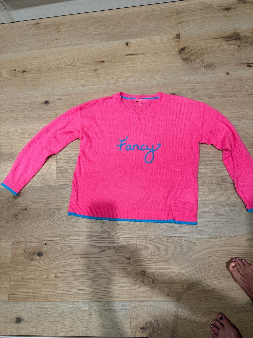 Lilly Pulitzer Hot Pink Crewneck Sweater with Blue 'Fancy' Script - Picture 4 of 7
